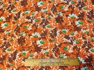 Vintage Cotton Feedsack Fabric 1930s 40s Green & Orange Daisies Sas Exc