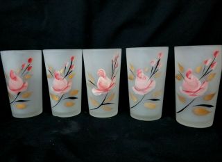 Vintage Hand Painted Roses Frosted Water Glasses 8 Oz.  Tumblers Set Of 5