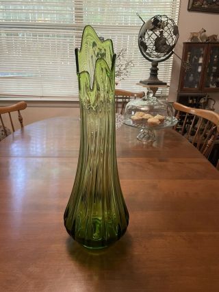 Vtg Mcm Mid Century Green Art Glass Stretch Swung Vase 21” Tall Le Smith Sticker