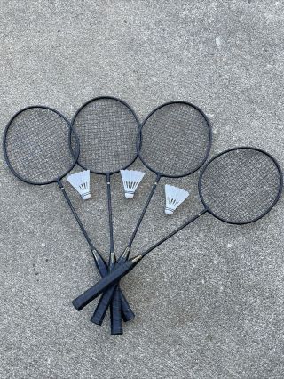 Vintage 1970’s Set Of Four Badminton Racket Tempered Steel Shaft Black