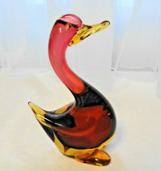 Vintage Murano Art Glass Rose - Pink & Amber Small 6 " Duck Sculpture / Figurine