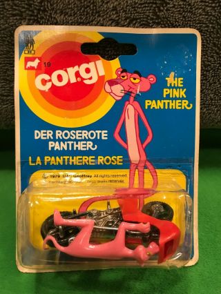 Htf Vintage Corgi " The Pink Panther " Motorcycle,  1979 - On Blister Card