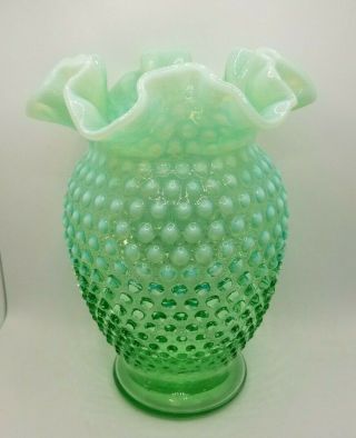 Vintage Fenton Green Opalescent Hobnail Glass Vase 6 " Tall