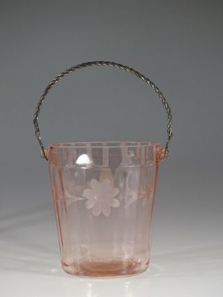Vintage Deco Hocking Glass Company Pink Ice Bucket With Twisted Bale C.  1935
