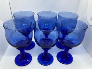 6 Cobalt Blue Vintage Libbey Water Goblets Mediterranean Blue Clarion 6 - 3/4 2