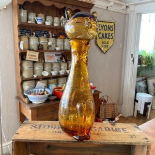 Vintage Tall Amber Glass Cat Italian Genie Bottle / Decanter – Retro – Great –