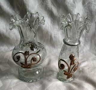 Vintage Clear Crackle Glass Ruffle Edge Vase With Brass Floral Detail Set Of 2