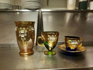 Rare Bohemian Czech Cobalt Blue Art Glass Cup & Saucer Enamel Flowers Gold Gilt