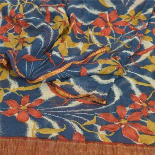 Sanskriti Vintage Blue Sarees Pure Chiffon Silk Printed Fabric Craft 5 Yard Sari
