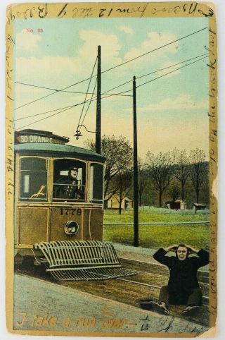 Vintage Comic Postcard Man Sitting On Trolley Tracks I Take A Run Over