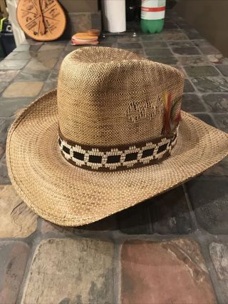 Vintage Western Straw Cowboy Hat Size 7 3/8 Feather Headband Wire Vented Stomper