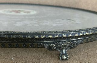 Vtg.  Gold Tone Oval Footed Metal Dresser Vanity Tray with Lace Doiley Insert 2