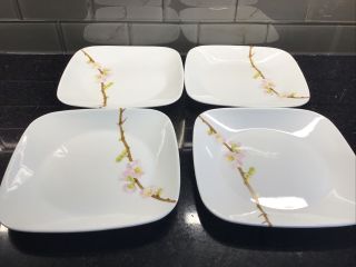 Set Of 4 Corelle Vitrelle Cherry Blossom Square Luncheon Plates Single Stem 9”