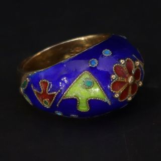 Vtg Sterling Silver Chinese Export Gold Plated Enamel Flower Ring Size 5.  5 - 5g