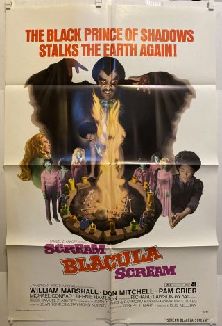 Vintage 1973 Scream Blacula Scream One Sheet Folded Movie Poster 27”x41” 73/211