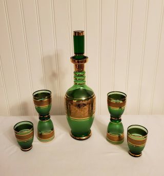 Vintage Bohemia Green & Gold Crystal Whiskey Decanter & 6 Shot Glasses Barware