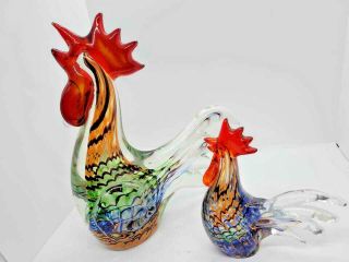 Gorgeous Designs Hand Blown Art Glass Rooster Set Heavy Green Orange Black