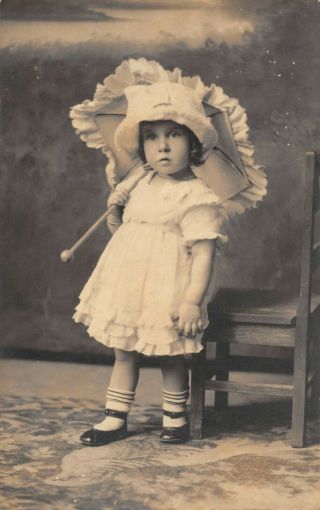 Cute Little Girl Toddler Hat Parasol 1920s Vintage Rppc Real Photo Postcard