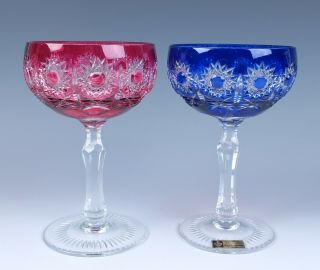 Quality Pair Vtg Bohemian Multi - Color Cut Crystal Champagne Sherbet Glass Queen