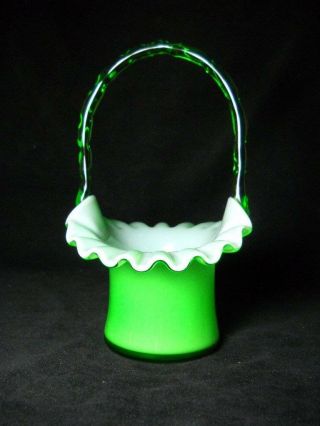 Scarce Fenton Emerald Green Cased Glass Basket 7 " Tall