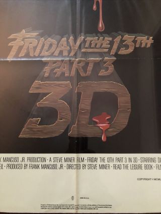 VINTAGE MOVIE POSTER 1982 FRIDAY THE 13TH PART 3 3D 41 X 27 HALLOWEEN Slasher 3