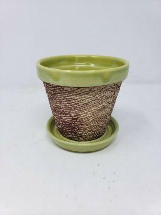 Vintage Usa 4 " Shawnee Pottery Planter Flower Pot Attached Green Saucer Brown