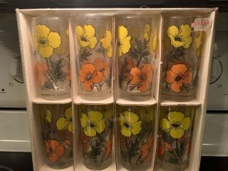 Vtg.  Set Of 8 Bright Yellow Orange Flowers.  Libbey.  Tumblers.  Glasses Nib