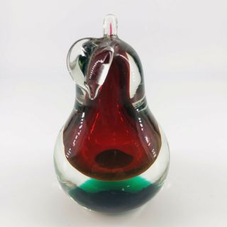 Vintage Murano Art Glass Ruby Red Sommerso Green Cased In Clear Pear Paperweight