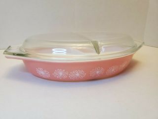 Vintage Pyrex Pink Daisy 1.  5 Quart Divided Oval Casserole Dish,  Lid