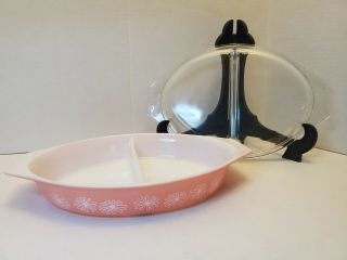 Vintage Pyrex Pink Daisy 1.  5 Quart Divided Oval Casserole Dish,  Lid 2