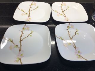 Set Of 4 Corelle Vitrelle Cherry Blossom Square Dinner Plates 10.  75”