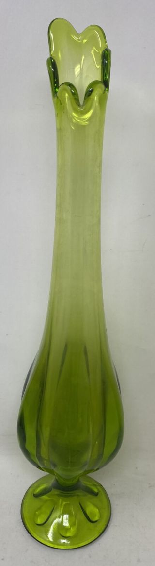 Vintage Mid Century Modern Le Smith Green Glass Stretch Swung Vase 15” Tall