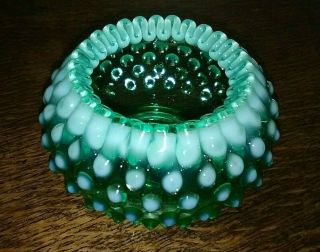 Rare Vintage Fenton Emerald Green Opalescent Hobnail Bowl Crimped Ribbon Edge 3