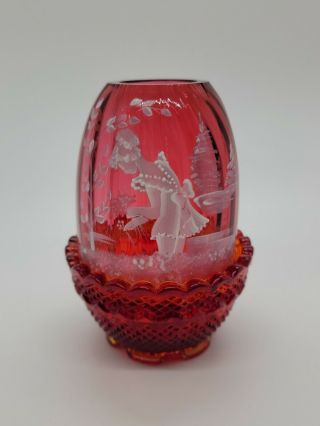 Vintage Fenton Cranberry Mary Gregory Fairy Lamp Signed Jo Reynolds,  5 "