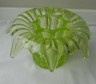 Vintage Sowerby Uranium Green Iris Pressed Glass Bowl With Flower Frog