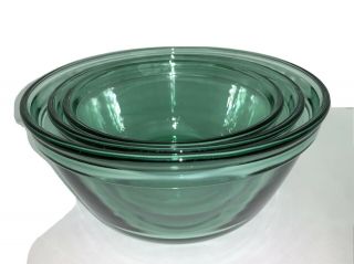 Vintage Anchor Ovenware Set Of 3 Green Clear Nesting Mixing Bowls 1056 1057 1058