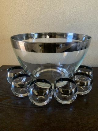 Vintage Dorothy Thorpe Silver Band Punch Bowl Thick Foot 6 Small Roly Poly Cups