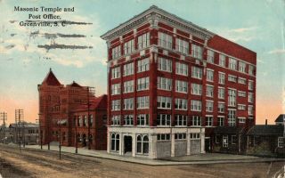 Masonic Temple Post Office Greenville South Carolina 1913 Litho Vintage Postcard