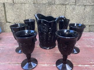 Vintage Tiara Black Glass Pitcher & 6 Footed Glasses Monarch Indiana Glass