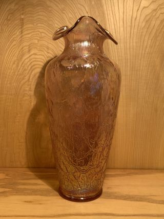 14 " Xl Large Fenton Crackle Glass Vase Pink Opalescent Ruffled Rim Iridescent