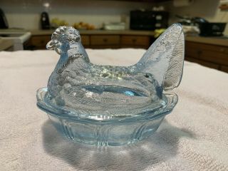 Vintage Fenton Art Glass Light Blue Clear Hen On A Nest Covered Dish Aqua Glass