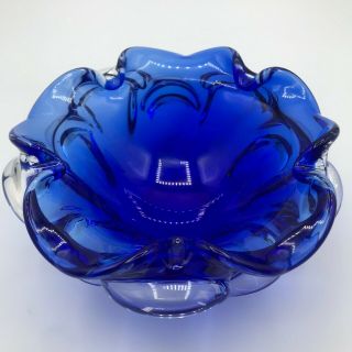 Vintage Murano Art Glass Flower Bowl Cobalt Blue 7 "