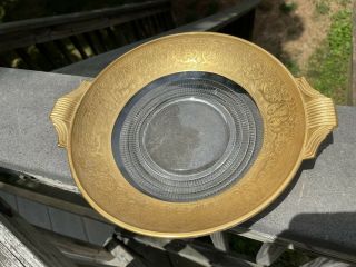 Vintage Gold Encrusted Overlay Etch Glass Bowl Art Deco Handles Depression Era