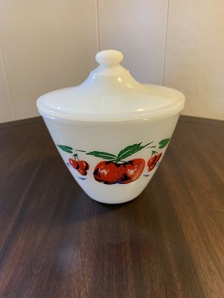 Collectible Vintage Fire King Ovenware Red Apple Grease Jar With Lid -