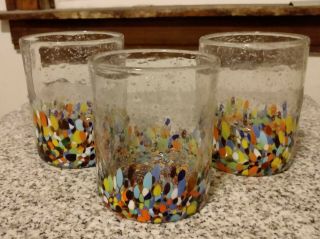 Anthropologie Baja Confetti Hand Blown Drinking Glass Set Of 3 Rocks Tumblers