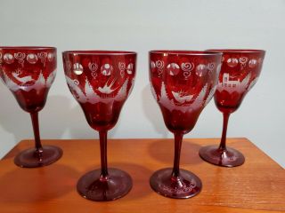 Set Of 4 Vtg.  Egermann Bohemian Ruby Red Etched Cut To Clear Glass 7 " 10 Oz