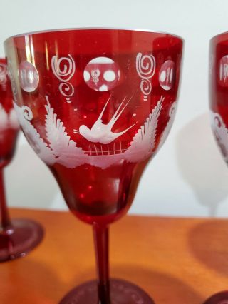 Set of 4 Vtg.  Egermann Bohemian Ruby Red Etched Cut To Clear Glass 7 