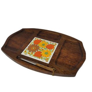 Vintage Gail Craft Quality Wooden Floral Tile Cheese Serving Board Tray