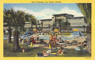 Hotel Flamingo Las Vegas Nv Swimming Pool Roadside C1940s Linen Vintage Postcard