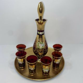Vintage Bohemian Czech Hand Painted Ruby Red Decanter Set